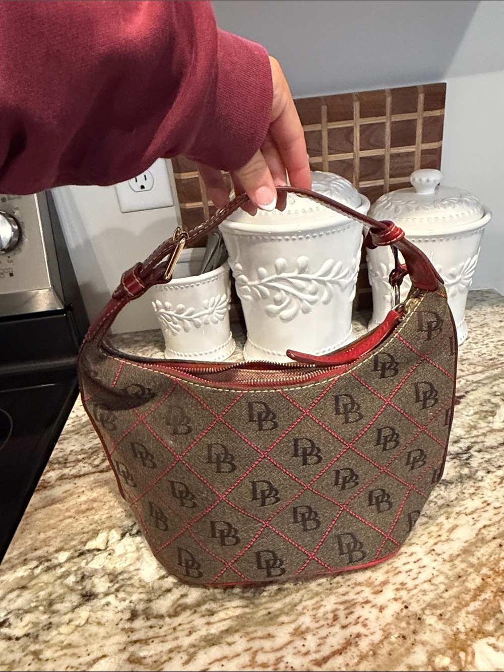 Dooney & Bourke Brown Monogram Shoulder Bag with Red Trim